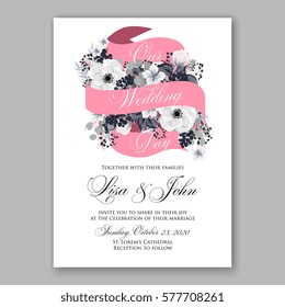 Anemone Wedding Invitation Card Template Floral Bridal Wreath Bouquet with wight flowers, peony eucalyptus branches, wild privet berry, currant berry vector illustration in vintage watercolor