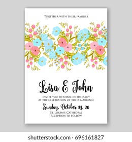 Anemone Wedding Invitation Card Template Floral Bridal Wreath Bouquet with wight flowers, peony eucalyptus branches, wild privet berry, currant berry vector illustration in vintage watercolor