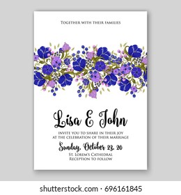 Anemone Wedding Invitation Card Template Floral Bridal Wreath Bouquet with wight flowers, peony eucalyptus branches, wild privet berry, currant berry vector illustration in vintage watercolor