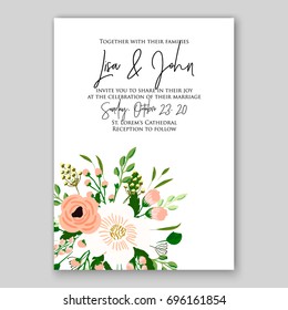 Anemone Wedding Invitation Card Template Floral Bridal Wreath Bouquet with wight flowers, peony eucalyptus branches, wild privet berry, currant berry vector illustration in vintage watercolor