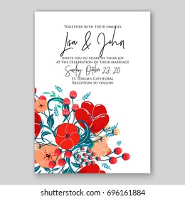 Anemone Wedding Invitation Card Template Floral Bridal Wreath Bouquet with wight flowers, peony eucalyptus branches, wild privet berry, currant berry vector illustration in vintage watercolor