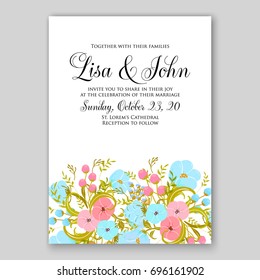 Anemone Wedding Invitation Card Template Floral Bridal Wreath Bouquet with wight flowers, peony eucalyptus branches, wild privet berry, currant berry vector illustration in vintage watercolor