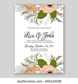 Anemone Wedding Invitation Card Template Floral Bridal Wreath Bouquet with wight flowers, peony eucalyptus branches, wild privet berry, currant berry vector illustration in vintage watercolor