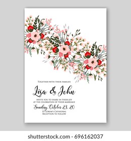 Anemone Wedding Invitation Card Template Floral Bridal Wreath Bouquet with wight flowers, peony eucalyptus branches, wild privet berry, currant berry vector illustration in vintage watercolor