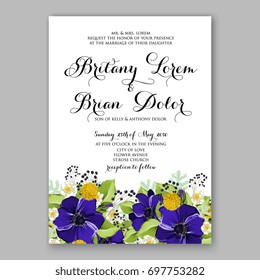 Anemone Wedding Invitation Card Template Floral Bridal Wreath Bouquet with wight flowers, peony eucalyptus branches, wild privet berry, currant berry vector illustration in vintage watercolor