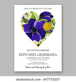 Anemone Wedding Invitation Card Template Floral Bridal Wreath Bouquet with wight flowers, peony eucalyptus branches, wild privet berry, currant berry vector illustration in vintage watercolor