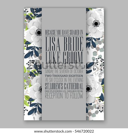 Anemone Wedding Invitation Card Template Floral Bridal Wreath Bouquet with wight flowers, mistletoe, eucalyptus branches, wild privet berry, currant berry vector  illustration in vintage watercolor 