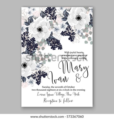 Anemone Wedding Invitation Card Template Floral Bridal Wreath Bouquet with wight flowers, peony eucalyptus branches, wild privet berry, currant berry vector illustration in vintage watercolor