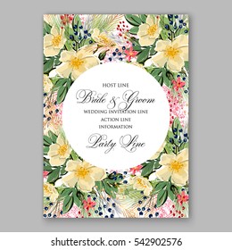 Anemone Wedding Invitation Floral Bridal Wreath with pink flowers , fir, pine branches, wild Privet Berry, vector floral illustration in vintage watercolor style