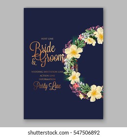 Anemone Wedding Invitation Floral Bridal Wreath with pink flowers , fir, pine branches, wild Privet Berry, vector floral illustration in vintage watercolor style