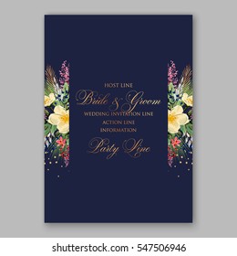 Anemone Wedding Invitation Floral Bridal Wreath with pink flowers , fir, pine branches, wild Privet Berry, vector floral illustration in vintage watercolor style
