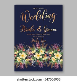 Anemone Wedding Invitation Floral Bridal Wreath with pink flowers , fir, pine branches, wild Privet Berry, vector floral illustration in vintage watercolor style
