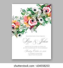 Anemone wedding invitation vector template