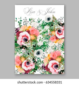 Anemone wedding invitation vector template
