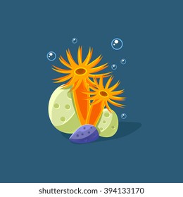 Anemone And White Coral Cute Cartoon Style Vector Illustration On Dark Blue Background
