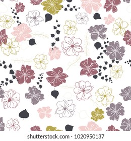 Anemone or windflower poppies flowers and ivy leaves. Floral vector seamless pattern with hand drawn elements.