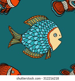 Anemonefish (Clownfish) blue seamless vector pattern