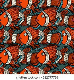Anemonefish (Clownfish) blue seamless vector pattern