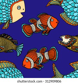 Anemonefische (Clownfish), blaues, nahtloses Vektormuster