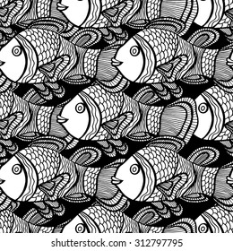Anemonefish (Clownfish) monochrome seamless vector pattern