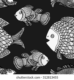 Anemonefish (Clownfish) monochrome seamless vector pattern