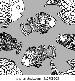 Anemonefish (Clownfish) monochrome seamless vector pattern