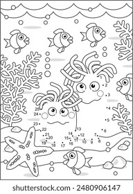 Anemones connect the dots full page picture puzzle and coloring page, underwater life themed, with fish, starfish, seabed, algae
