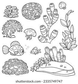 Anemones, corals, fishes, jellyfishes, sand stones and sponges set coloring book linear drawing isolated on white background Stockvektor