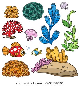 Anemones, corals, fishes, jellyfishes, sand stones and sponges set coloring book color drawing isolated on white background