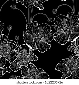 Anemones deisy camomile flower illustration. Black white line seamless pattern.