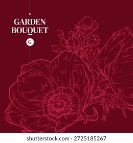 Anémonas con eucalipto sobre fondo rojo, Ilustración vectorial. Marco floral de primavera brillante de los brotes de amapola con verdor y bayas, en estilo de tinta para una invitación de boda o tarjeta de vacaciones