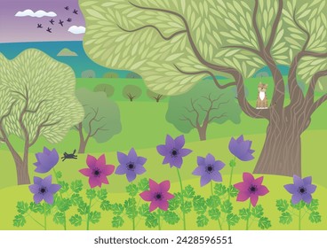 Anemones in an olive grove. Vector image. 