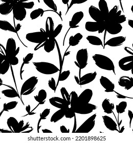 Anemones and peonies seamless pattern. Hand drawn abstract wild flowers ornament. Black and white ink brush texture with bold blossoms. Botanical black ink seamless pattern with floral motif