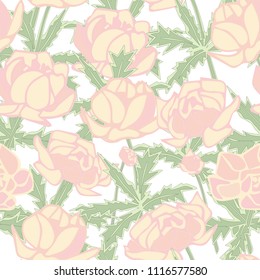 Anemones seamless pattern of pastel tones on a white background. Handmade. Vector. Printing for fabrics, cover design, wallpaper