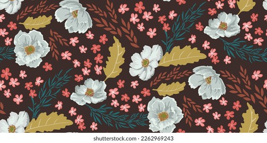 Anemones, white, placed on dark background filled with leaves and tiny blooms. This rich colored pattern would work well on interiors or on a dramatic skirt!