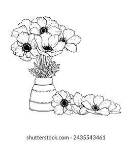 Anemones wildflowers bouquet in ceramic vase and pile of petals vector illustration. Floral ink drawing for banners and coloring pages