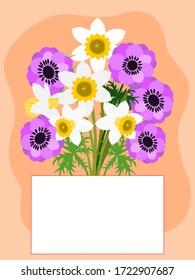 Anemonies and Daffodils bouquet with blank space for write message. Card and poster template, Flat design. Botanical illustration.