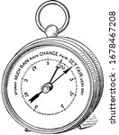 The aneroid barometer, a device for measuring atmospheric pressure without the use of fluids. It measures atmospheric pressure on a dial, vintage line drawing or engraving illustration.