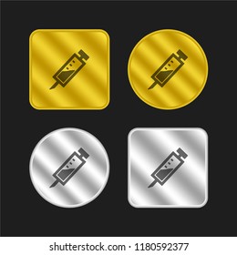 Anesthesia dentist injection diagonal symbol gold and silver metallic coin logo icon design