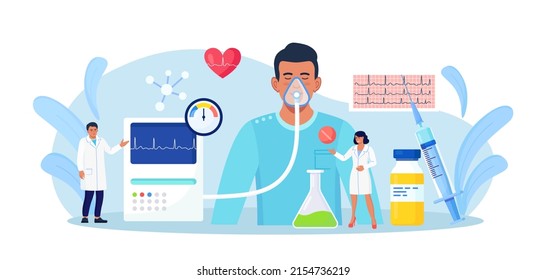 Anesthesia. Doctor anesthesiologist performing inhalation and epidural anesthesia. Patient with anesthetic oxygen mask sleeping in intensive care unit. Emergency, first aid. Preparing man for surgery