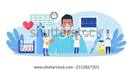 Anesthesia. Doctor anesthesiologist performing inhalation and epidural anesthesia. Patient with anesthetic oxygen mask sleeping in intensive care unit. Emergency, first aid. Preparing man for surgery