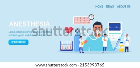 Anesthesia. Doctor anesthesiologist performing inhalation and epidural anesthesia. Patient with anesthetic oxygen mask sleeping in intensive care unit. Emergency, first aid. Preparing man for surgery