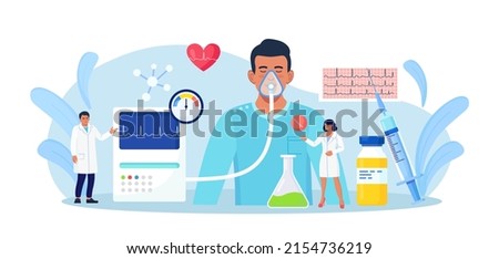 Anesthesia. Doctor anesthesiologist performing inhalation and epidural anesthesia. Patient with anesthetic oxygen mask sleeping in intensive care unit. Emergency, first aid. Preparing man for surgery