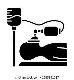 Anesthesia glyph icon. Medical procedure. Apnea stage. Liquid induction. Patient unconscious on bed. Dropper. Disease treatment. Silhouette symbol. Negative space. Vector isolated illustration