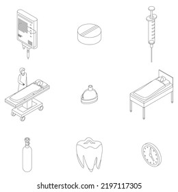 Iconos de anestesia. Conjunto isométrico de anestesia iconos vectoriales contorno línea delgada aislada en blanco