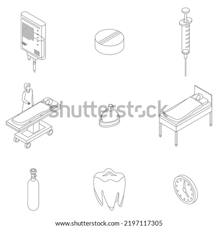Anesthesia icons set. Isometric set of anesthesia vector icons outline thin lne isolated on white