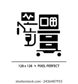 Anesthesia machine pixel perfect black glyph icon. Surgical equipment. Medical ventilator. Operating room. Silhouette symbol on white space. Solid pictogram. Vector isolated illustration