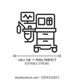 Anesthesia machine pixel perfect linear icon. Surgical equipment. Medical ventilator. Operating room. Critical care. Thin line illustration. Contour symbol. Vector outline drawing. Editable stroke
