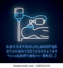 Anesthesia neon light icon. Medical procedure. Apnea stage. Liquid induction. Patient unconscious on bed. Dropper. Glowing sign with alphabet, numbers and symbols. Vector isolated illustration
