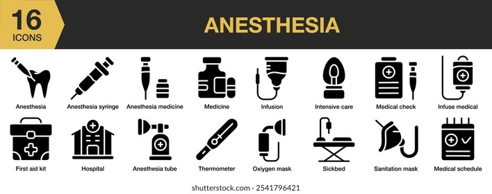 Conjunto de iconos sólidos de anestesia. Incluye medicamentos, jeringas, hospitales, infusión, chequeo médico y más. Colección de Vector de iconos sólidos.